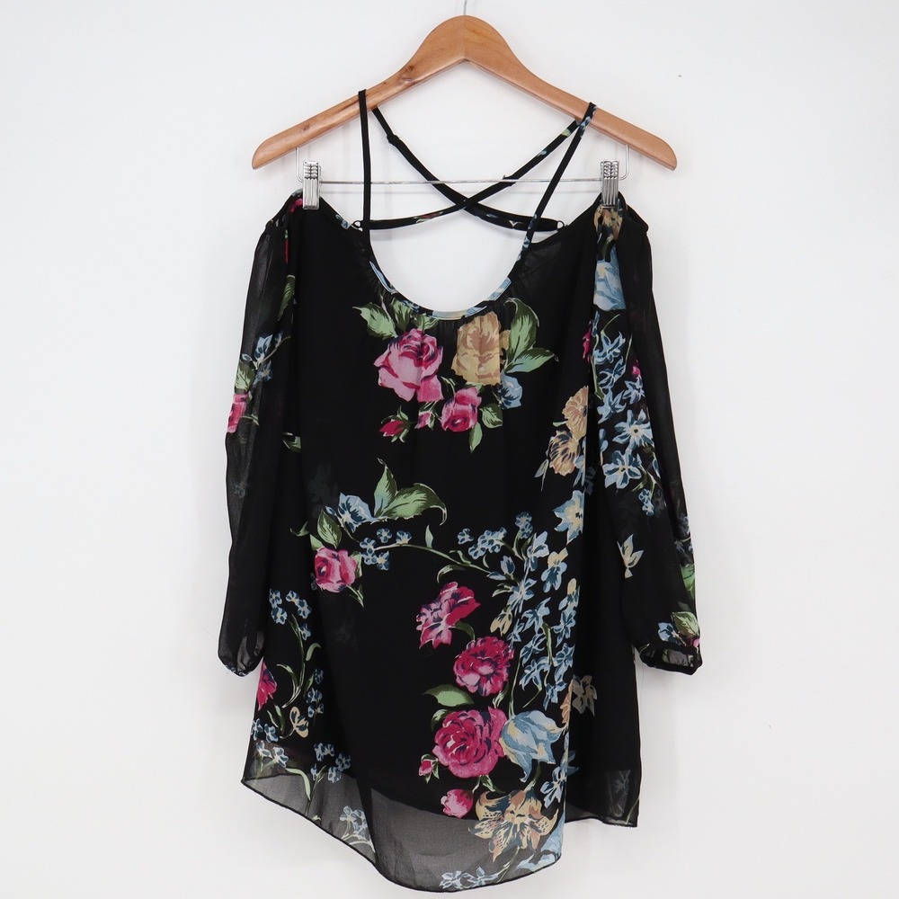 Olivaceous Top Womens Medium Black Floral Cold Shoulder Excellent
